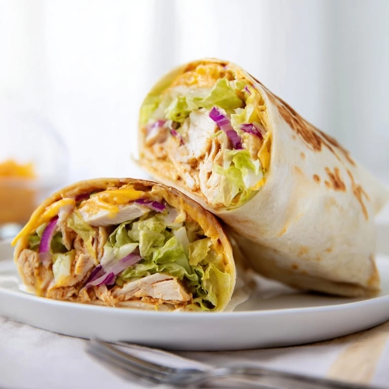 A close-up of a Buffalo Ranch Chicken Wrap halved to reveal juicy buffalo chicken, shredded lettuce, and red onion inside a golden tortilla.  