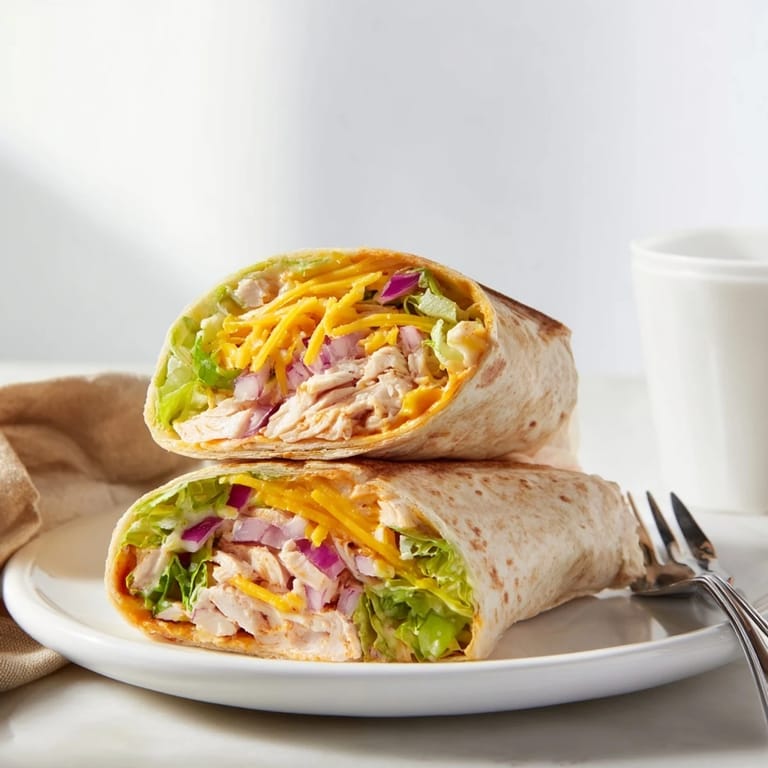 Buffalo Ranch Chicken Wrap on a wooden board with extra buffalo sauce drizzle and a side of ranch, ready for a quick meal.