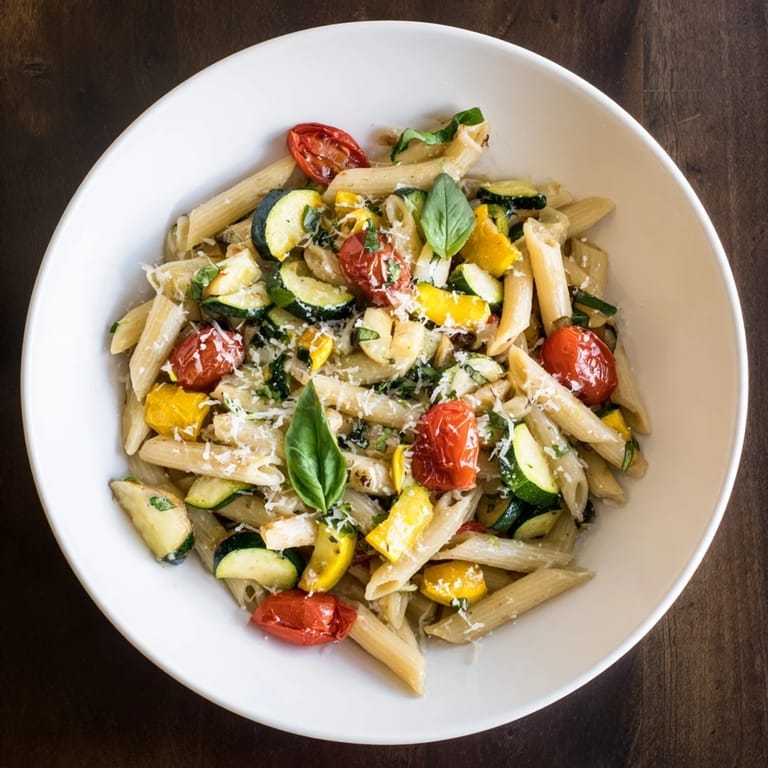 A close-up of steaming Garden Veggie Pasta featuring zucchini, yellow squash, and cherry tomatoes, garnished with fresh basil and a sprinkle of Parmesan.