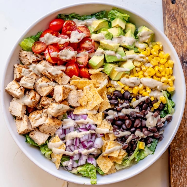 Savory Chicken Taco Chopped Salad with black beans, corn, and zesty salsa ranch drizzle.