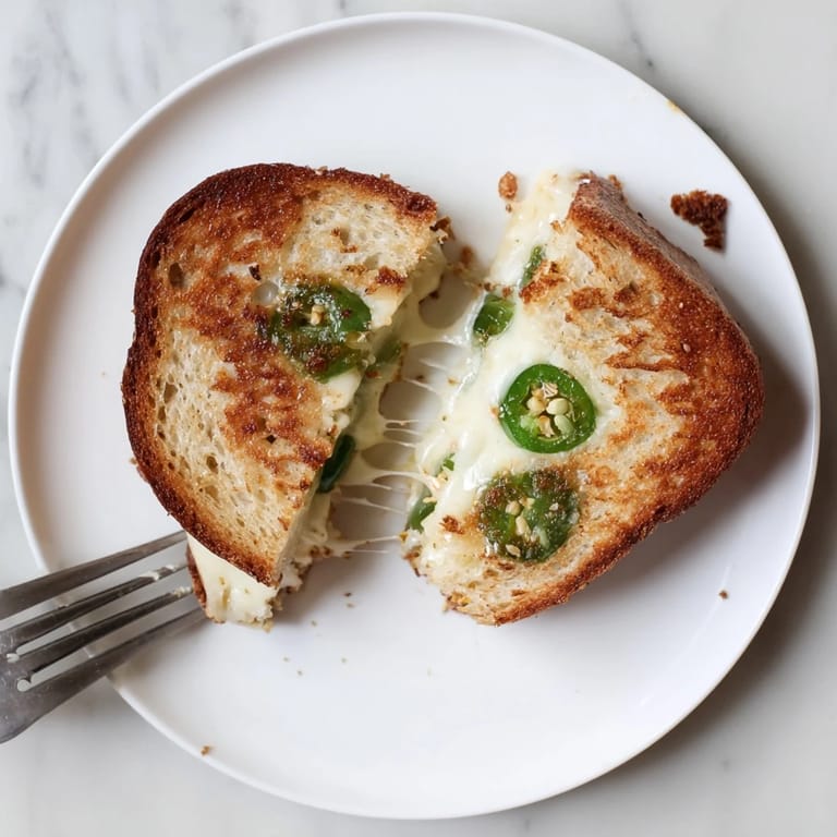 Sliced Jalapeño Havarti Grilled Cheese served hot, revealing melted Havarti and vibrant jalapeños on a plate.