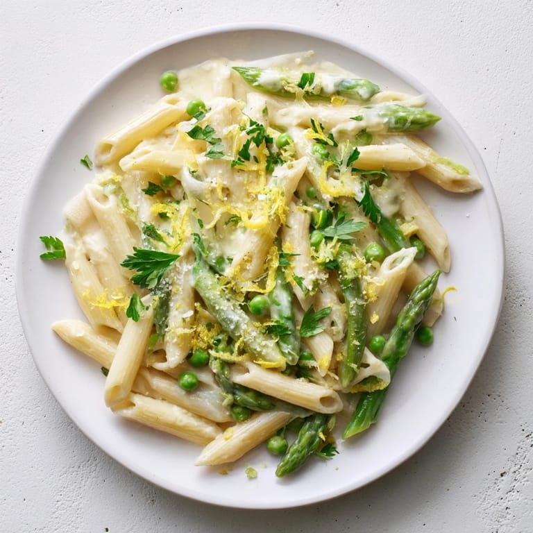 A close-up of Garlic Parmesan Spring Vegetable Pasta, featuring penne coated in a light cream sauce with tender spring vegetables.  