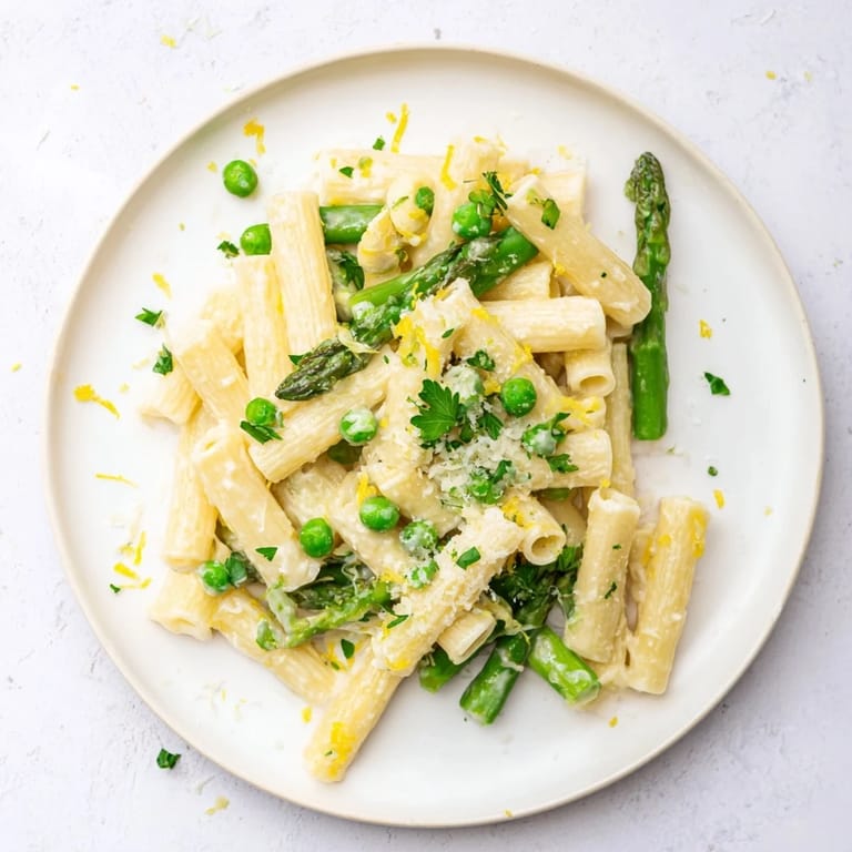 Garlic Parmesan Spring Vegetable Pasta served warm, garnished with fresh basil and extra Parmesan, perfect for a spring dinner.