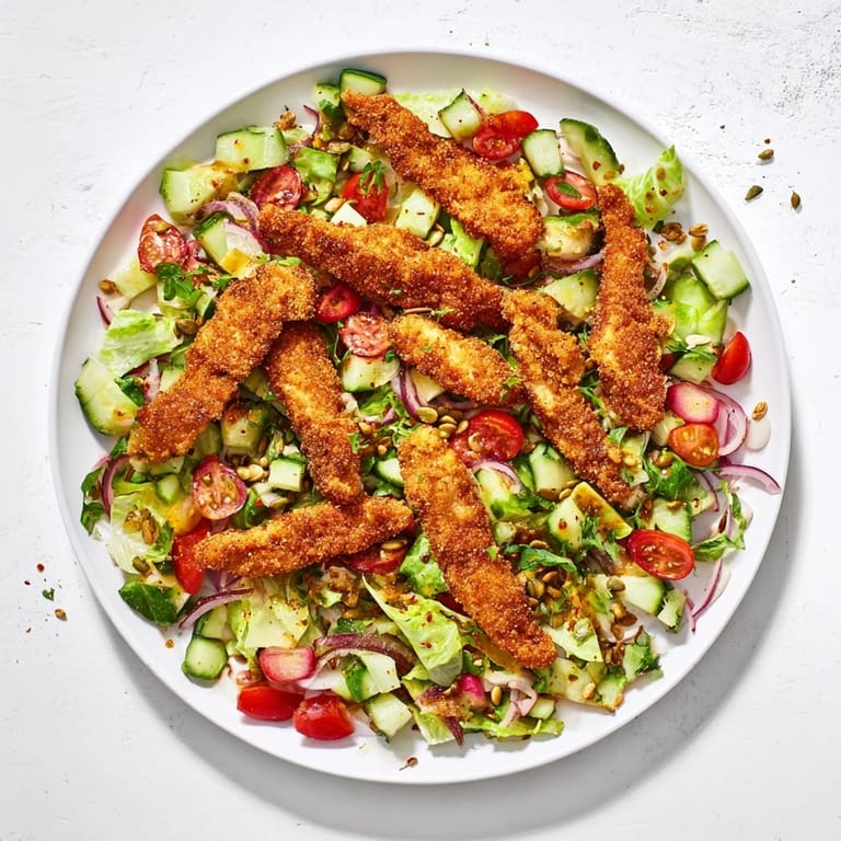 Golden chicken strips glisten with hot honey atop fresh romaine, tomatoes, cucumber, and crunchy roasted seeds in a vibrant salad.