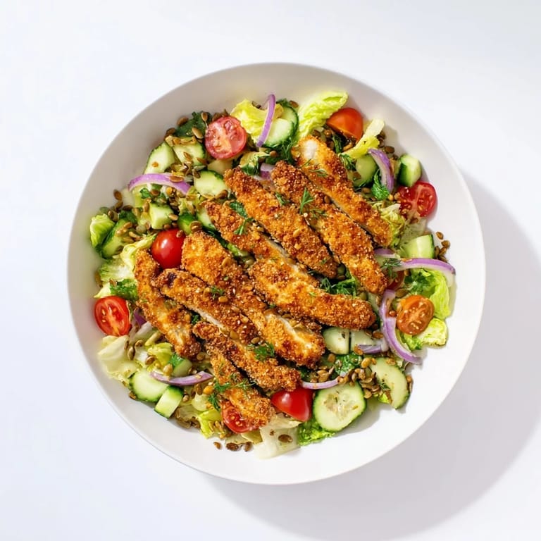 A hearty Crispy Hot Honey Chicken Salad showcases crunchy fried chicken, spicy honey drizzle, and seeds on a bed of greens.