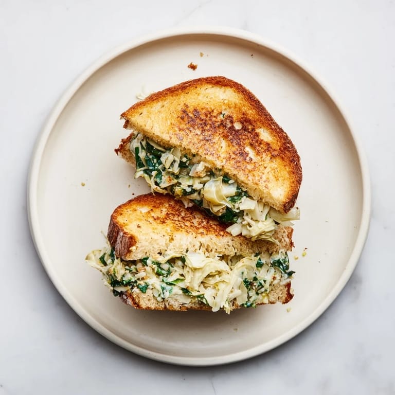 An open-faced artichoke spinach grilled cheese shows the gooey, cheesy spinach and artichoke interior.
