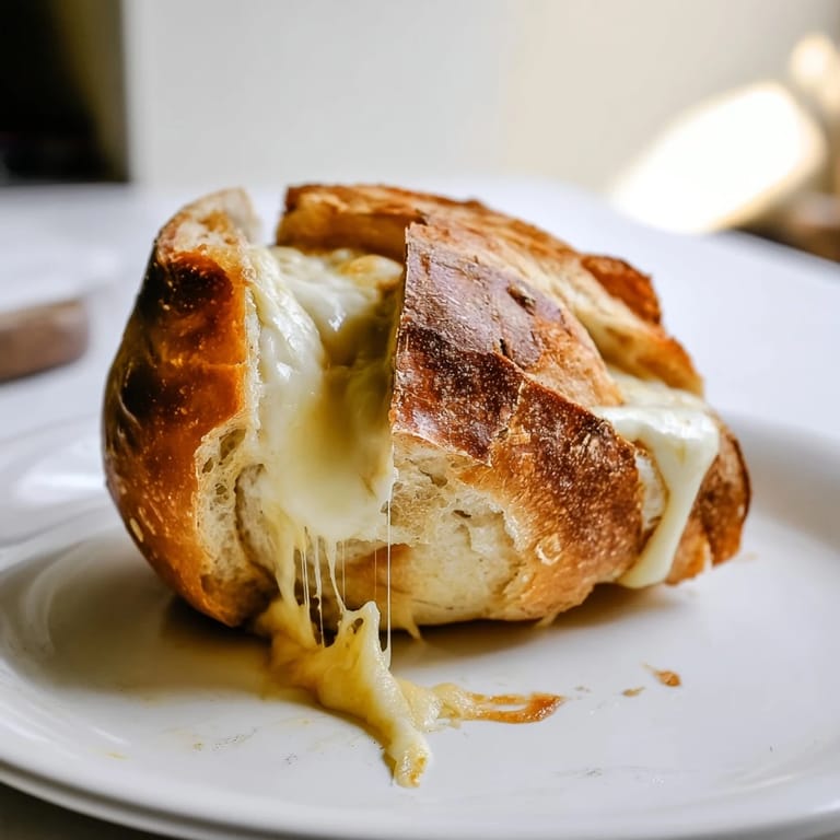 Close-up of Three-Cheese Grilled Cheese, golden crust visible, sliced to reveal the mozzarella, cheddar, and provolone melt.