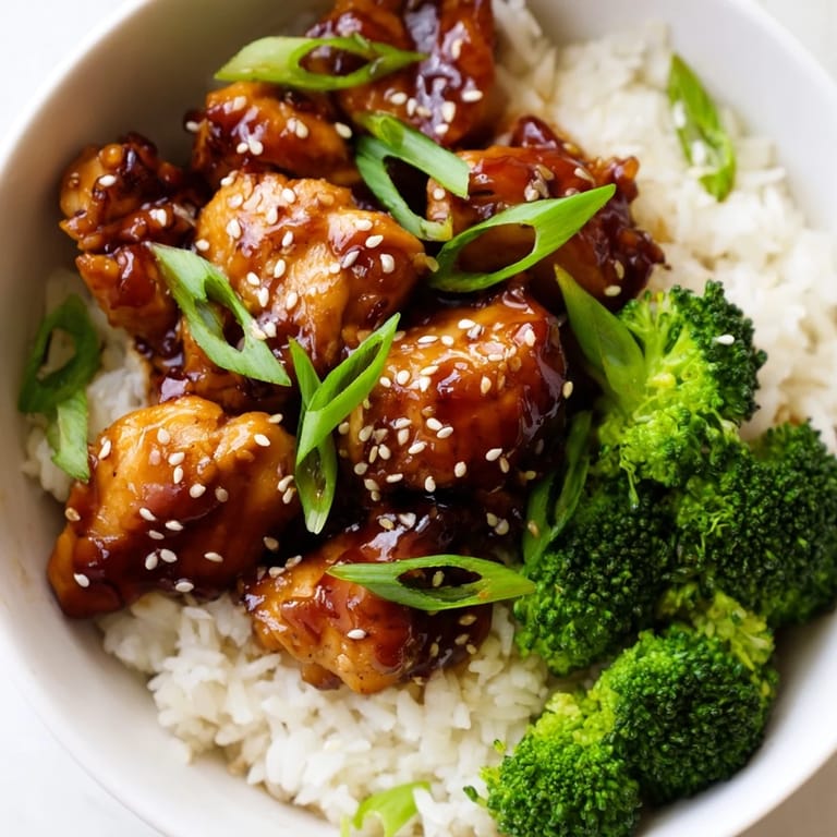A vibrant bowl of Sweet Chili Chicken with fluffy rice and crisp broccoli, garnished with sesame seeds.