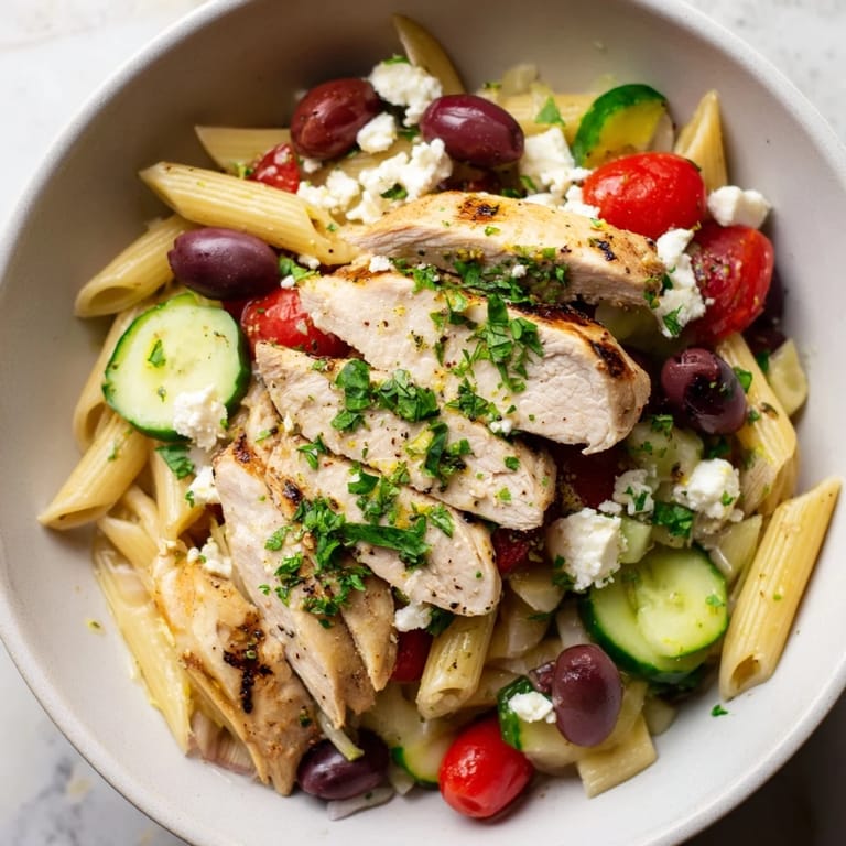 Serving suggestion for Greek Chicken Pasta Bowl: juicy chicken, tangy feta, and briny olives on a bed of pasta for a Mediterranean meal.