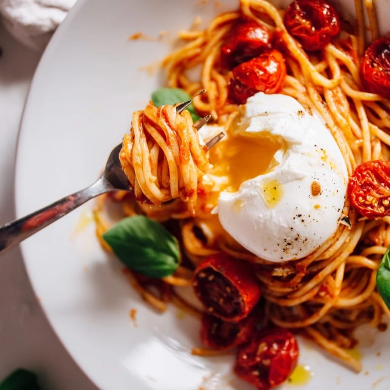Heaping bowl of Burrata Caprese Pasta featuring al dente noodles tossed with garlic, ripe tomatoes, and a torn burrata centerpiece.  