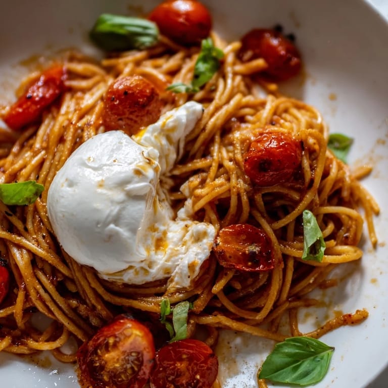 Freshly prepared Burrata Caprese Pasta served with extra basil leaves and a drizzle of olive oil for a cheesy, colorful main dish.