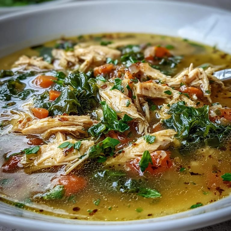 High Protein Lemon and Turmeric Chicken Soup simmering with tender chicken and bright baby kale in a rustic pot.