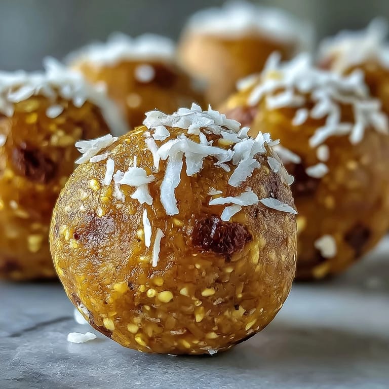 Six vibrant Ginger Turmeric Energy Balls with visible hemp seeds and oats, arranged beside a cup of herbal tea on a marble countertop.  