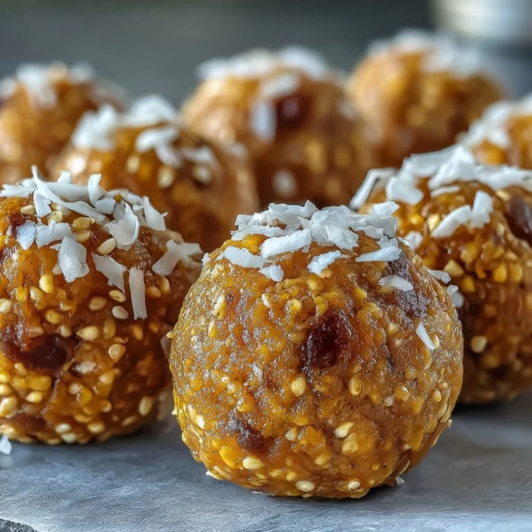 A hand reaching for a freshly rolled Ginger Turmeric Energy Ball, showcasing the sticky, no-bake texture and bright turmeric color.