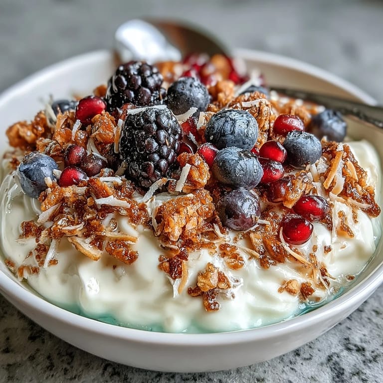 Cozy yogurt bowl featuring colorful berries and a warm, crunchy topping.