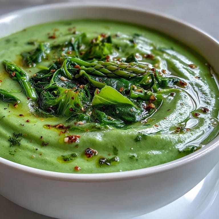 Serving suggestion for Big Green Immunity-Boosting Vegetable Soup: a warm, smooth, vegan soup with a side of crusty whole-grain bread.