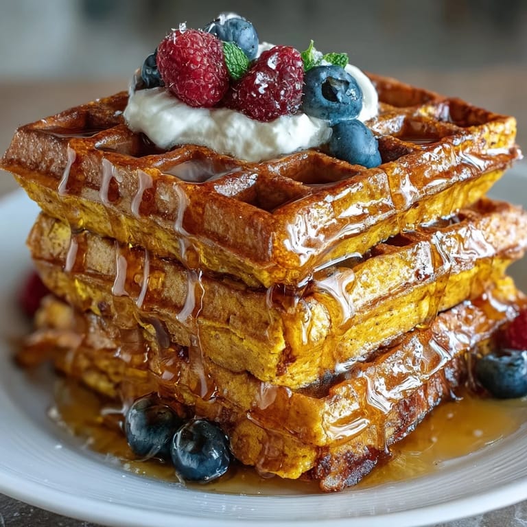 A stack of fluffy Anti-Inflammatory Adaptogenic Turmeric Waffles topped with fresh berries, sliced banana, and a drizzle of sweet maple syrup.