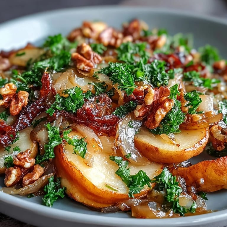 A vibrant, tangy warm apple sauerkraut skillet salad ready to serve.
