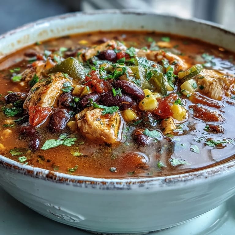 Southwestern Turkey Soup simmering in a pot with tender turkey, beans, corn, and colorful peppers.