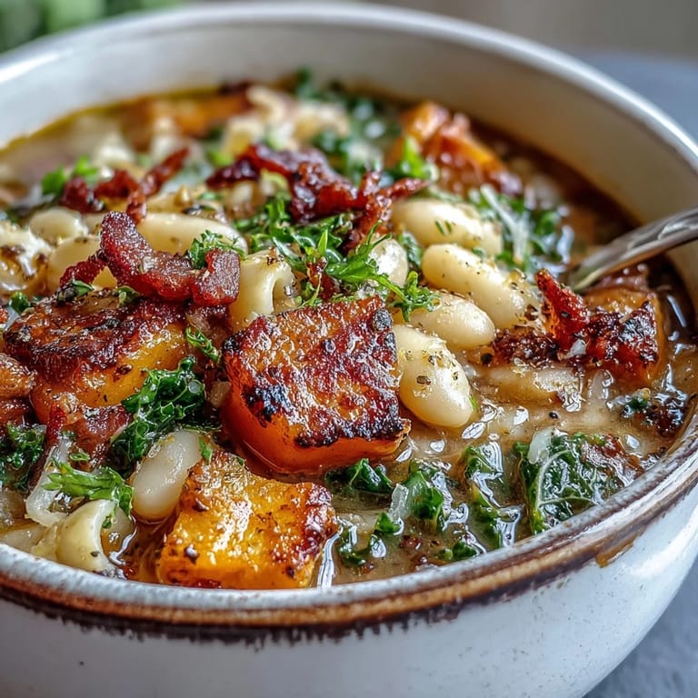 Close-up of a ladle serving Fall Minestrone, showing tender vegetables and kale, paired with crusty bread on the side.