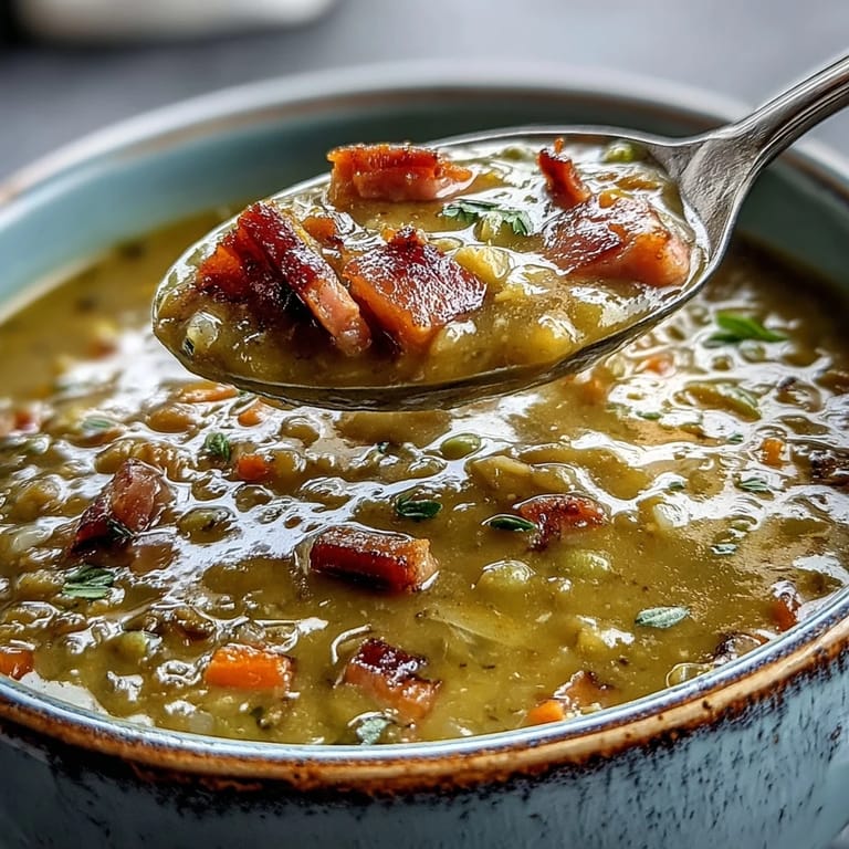 Hearty Split Pea and Ham Soup simmering in a Dutch oven, featuring diced carrots and celery.