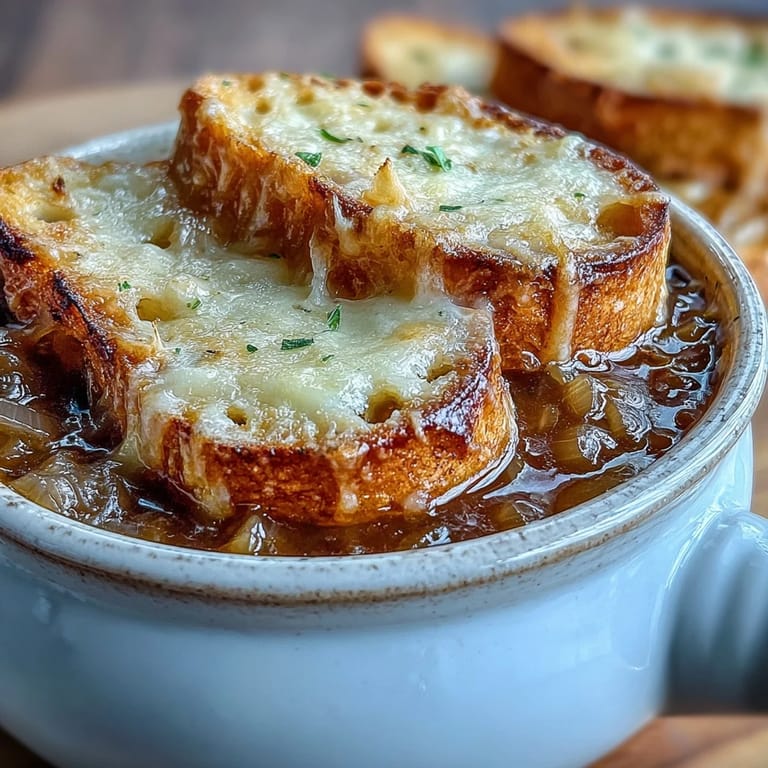 Golden, crispy baguette slices top this comforting Dutch Oven French Onion Soup, served steaming hot.