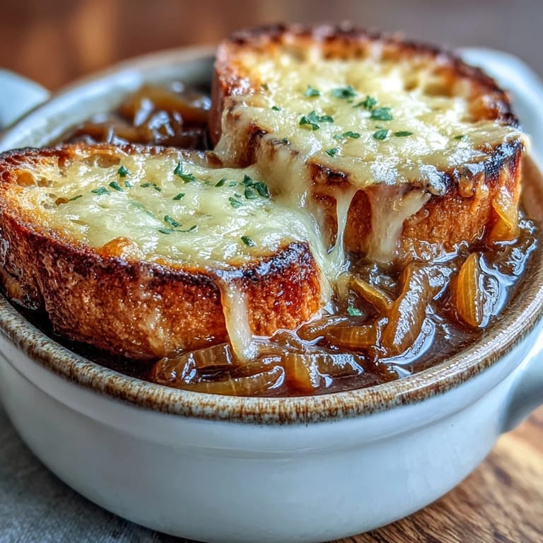 Thyme-scented Dutch Oven French Onion Soup with bubbly, browned cheese and savory beef broth.