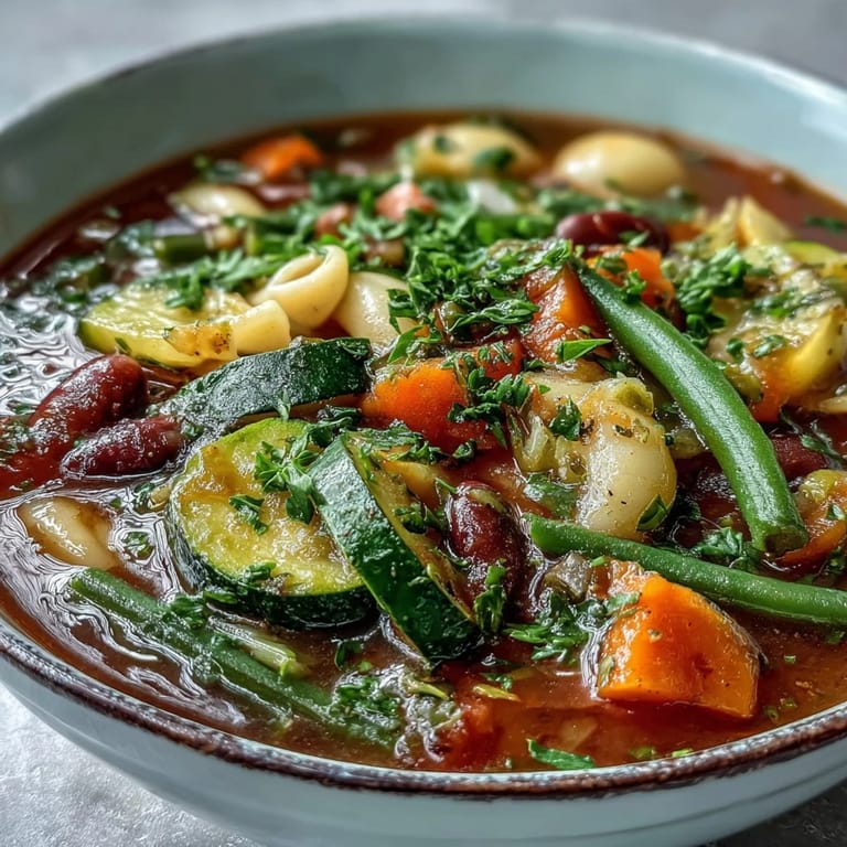 Hearty Italian Minestrone Soup simmering in a large pot, featuring diced carrots, zucchini, kidney beans, and fresh parsley. 