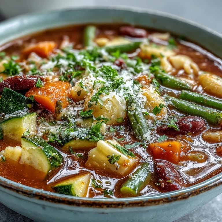 Homemade Minestrone Soup simmering in a pot with a wooden ladle ready to serve.