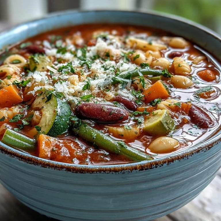 Hearty Minestrone Soup in a white bowl featuring fresh spinach and colorful diced vegetables.