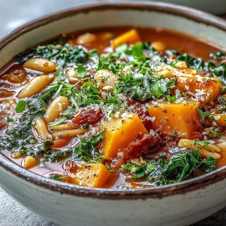 Close-up of Winter Minestrone Soup With Butternut Squash and Kale, highlighting colorful vegetables and pasta in a hearty, savory tomato-based broth.