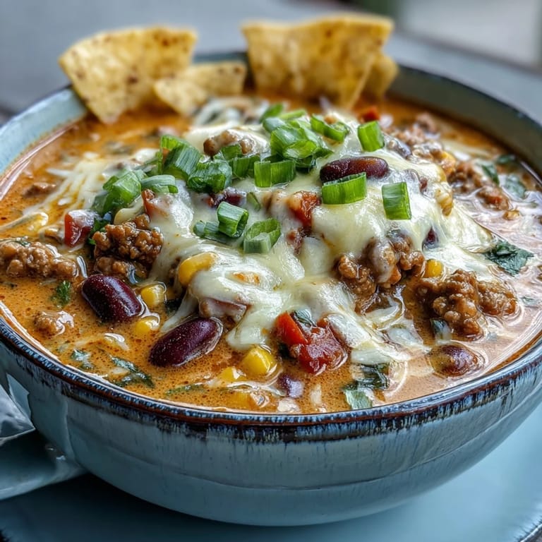 A bowl of Creamy Taco Soup topped with melted cheddar, green onions, and sour cream, paired with tortilla chips.
