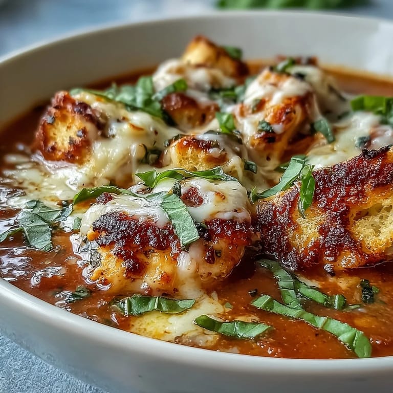 Melted Parmesan and mozzarella topping Grilled Chicken Parmesan Soup with garlic croutons.