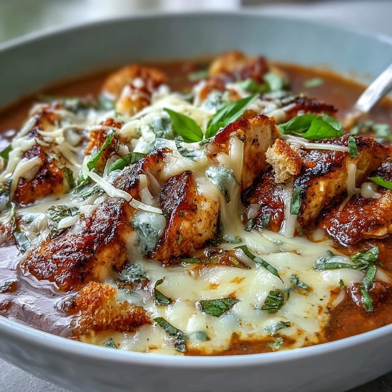 Grilled Chicken Parmesan Soup in a rustic bowl with green salad and Chianti.