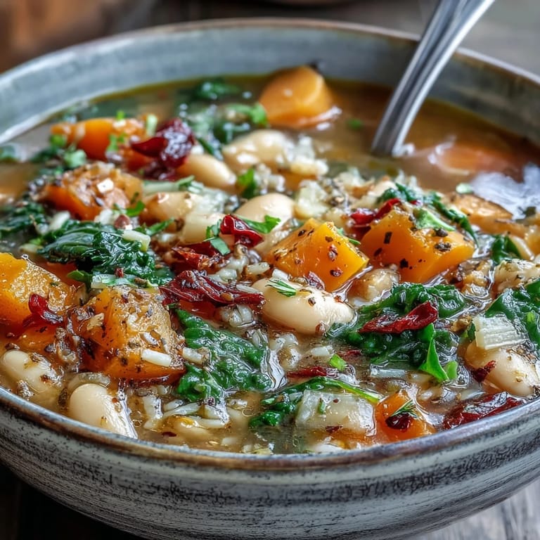 Freshly ladled Winter Minestrone Soup featuring tender vegetables and beans, with melted Parmesan and chopped parsley garnish on top.