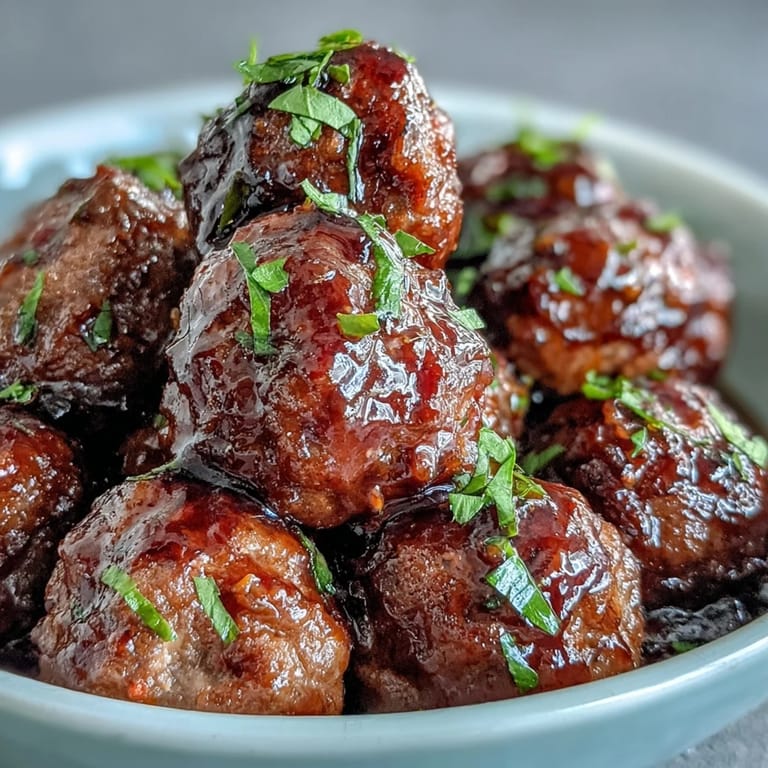 Tender Slow Cooker Peach Glazed Meatballs on a spoon, showcasing juicy beef, peach glaze, and herbs for a family meal.