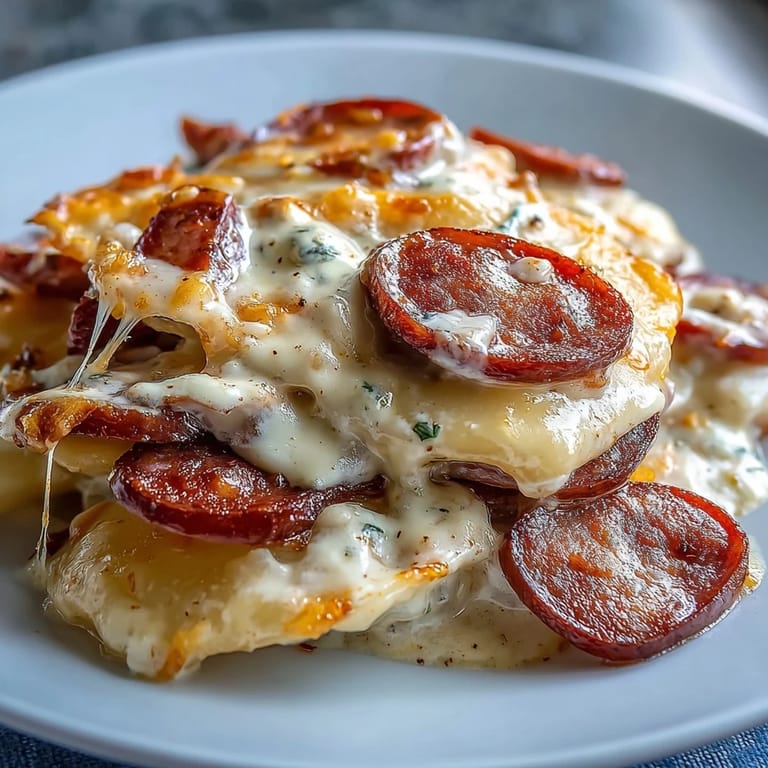 Creamy slow-cooked Crockpot Pierogi Casserole With Kielbasa bubbling in a crockpot insert.