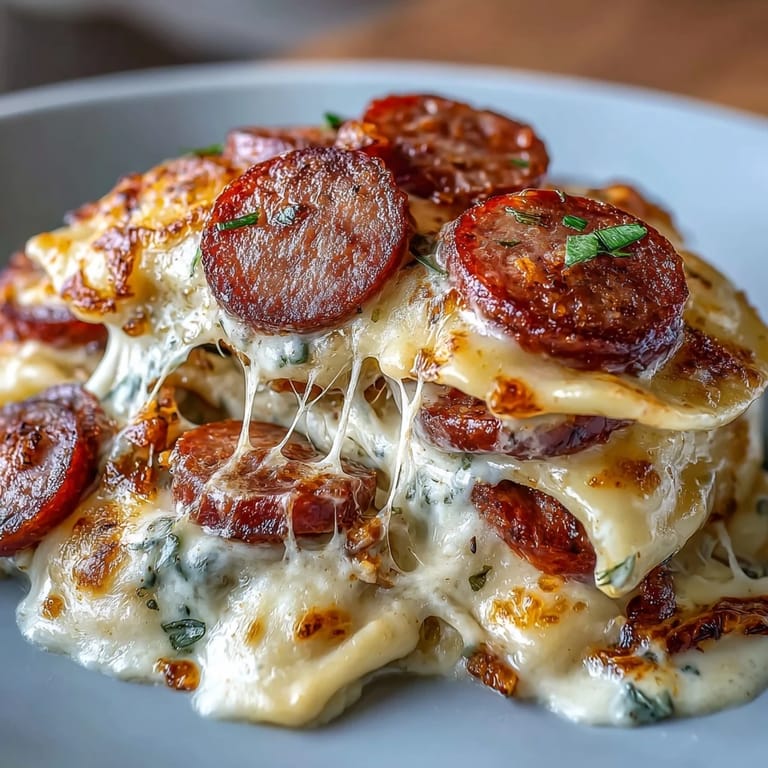 Comfort food Crockpot Pierogi Casserole With Kielbasa served with a dollop of sour cream.