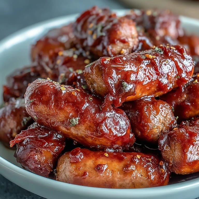 Tender Crock Pot BBQ Cocktail Sausages with sweet and tangy barbecue glaze, ideal for easy gluten-free party snacks.
