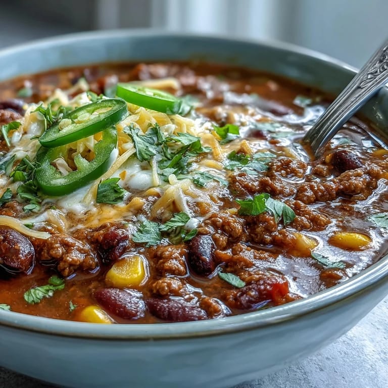 A warm bowl of Taco Soup filled with seasoned beef, beans, and corn, garnished with jalapeños, cilantro, and a lime wedge.