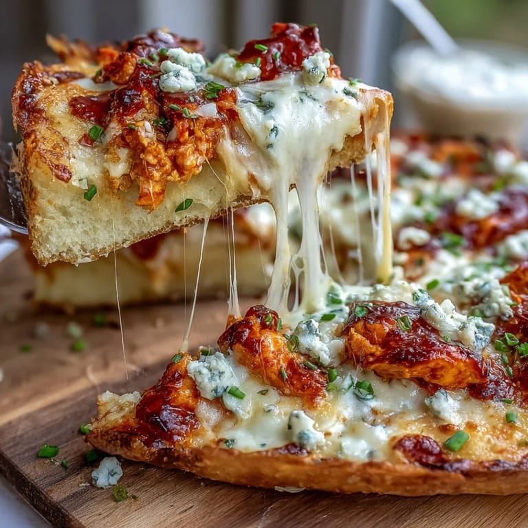 Spicy shredded buffalo chicken and creamy ranch sauce on a crisp, baked pizza crust, served on a wooden cutting board.