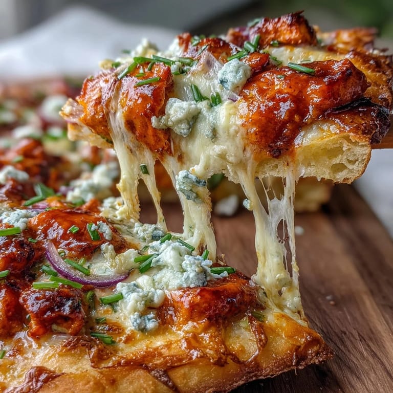 Freshly baked Buffalo Chicken Pizza topped with blue cheese crumbles and sliced red onion, ready to slice and serve.