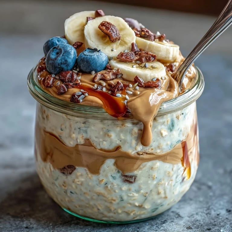 A spoon lifting velvety High-Protein Peanut Butter Overnight Oats with a touch of Greek yogurt and chocolate chips.
