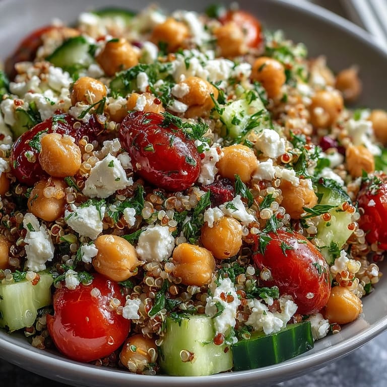 Freshly prepared High Protein Quinoa & Chickpea Salad with chickpeas, tomatoes, and herbs, ideal for a healthy Mediterranean-style lunch bowl.