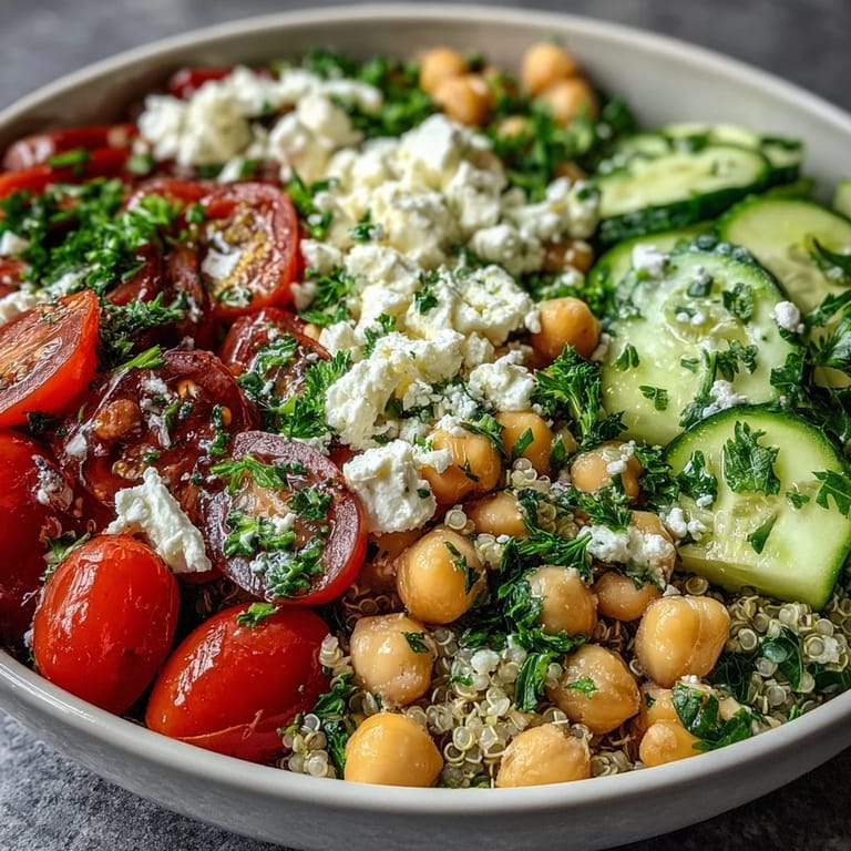 Ready to serve High Protein Quinoa & Chickpea Salad tossed with olive oil and lemon, perfect for a nutritious vegetarian meal.