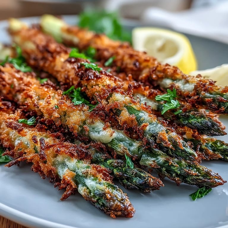 Close-up of Crispy Asparagus Asiago Spears, showing golden, cheesy panko coating on tender green spears.