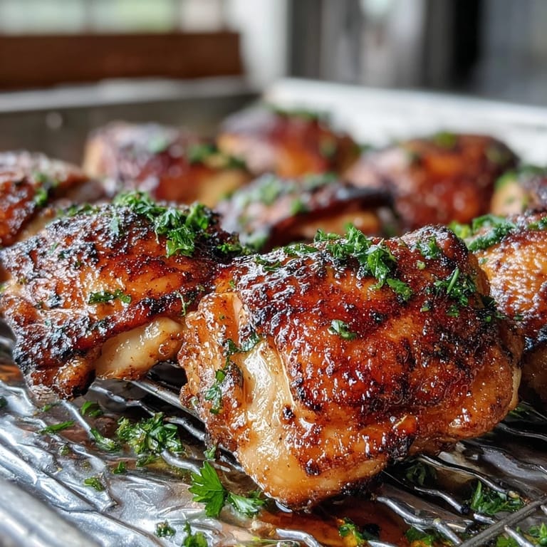 Savory baked Crispy Baked Bone-In Chicken Thighs sit on a baking sheet, garnished with fresh parsley and lemon wedges.