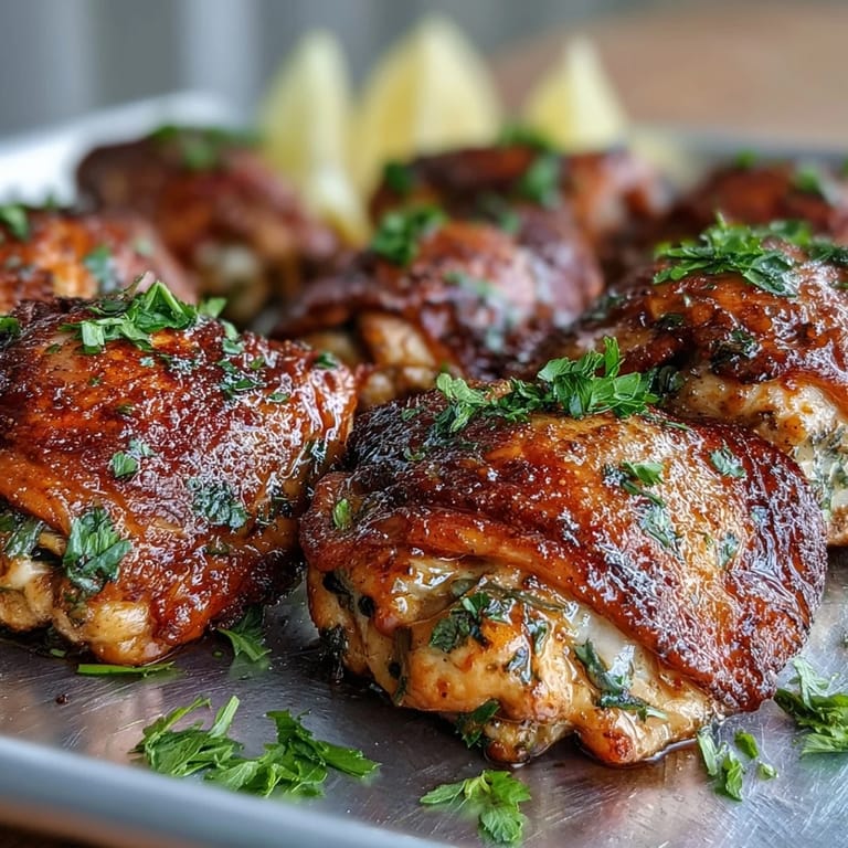 Golden-brown Crispy Baked Bone-In Chicken Thighs with smoky paprika seasoning rest on a platter, ready for a family dinner.