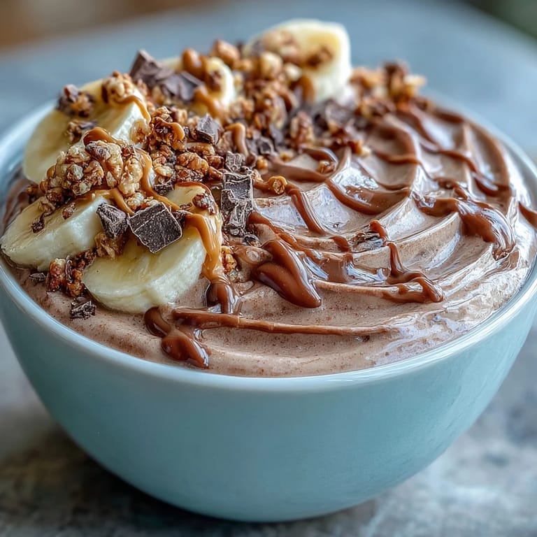 Chocolate Peanut Butter Smoothie Bowl topped with fresh banana slices and granola, ready to eat for a healthy breakfast.