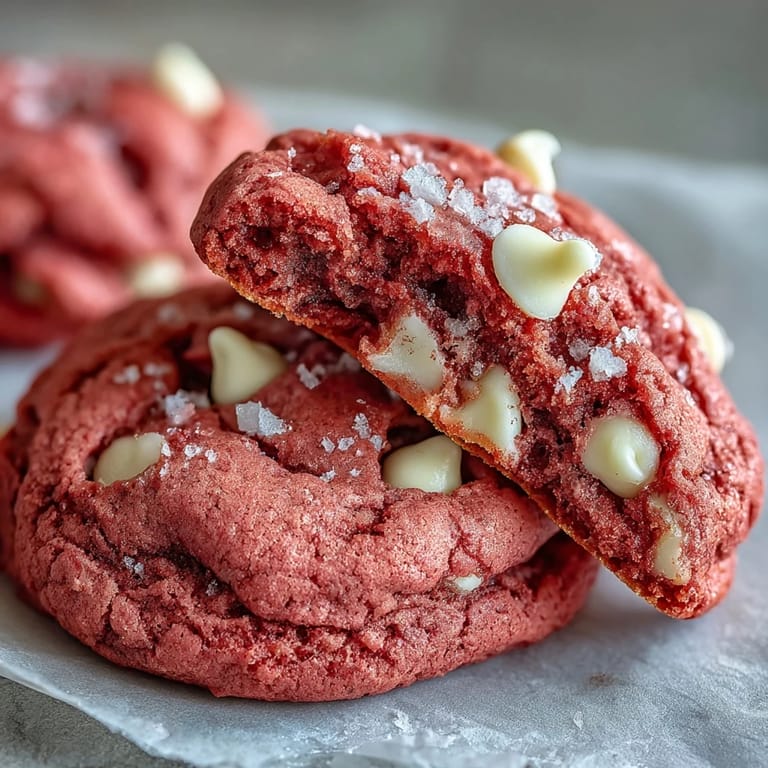 Close-up of Pink Velvet Cookies showing tender crumb and melted white chocolate chips, ready to serve with milk.